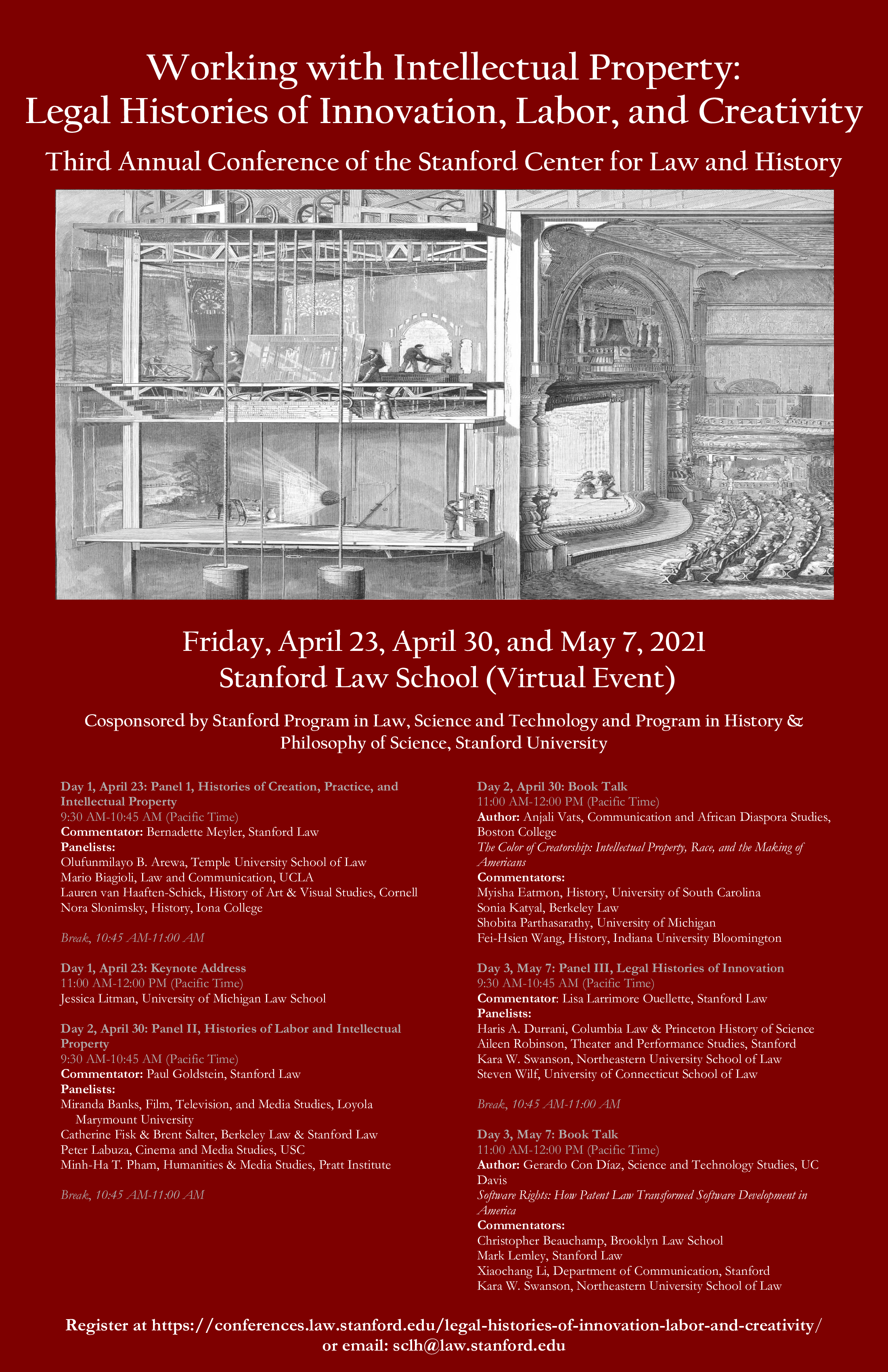 2021 Legal Histories of Innovation, Labor, and Creativity conference schedule poster